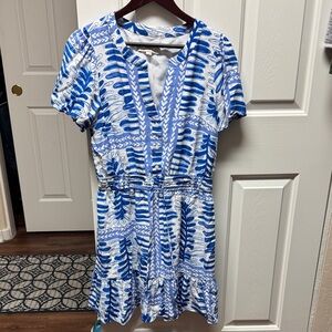 LOFT Blue and White Leaf Print Mini Dress